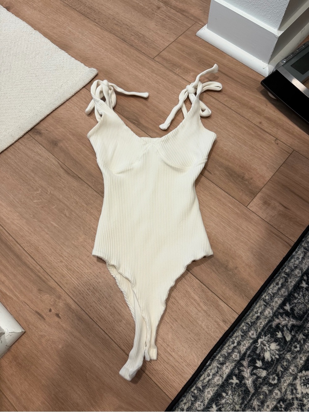 Princess Polly Cream Ribbed Tie-Shoulder Bodysuit